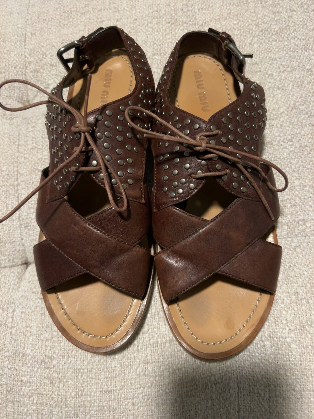 Miu Miu Dark Brown Studded Leather Lace-Up Sandals